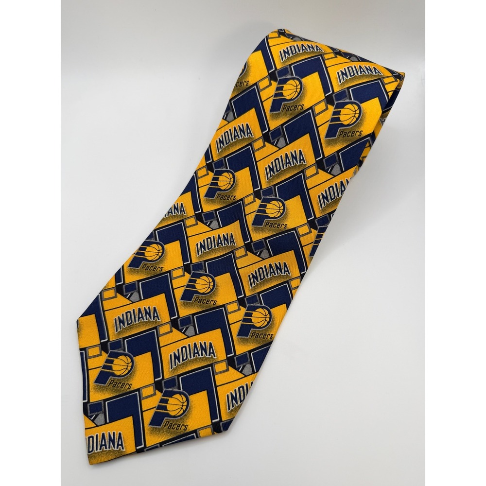 NBA Indiana Pacers Silk Necktie Navy Blue Yellow Geometric Logo Print Men Tie